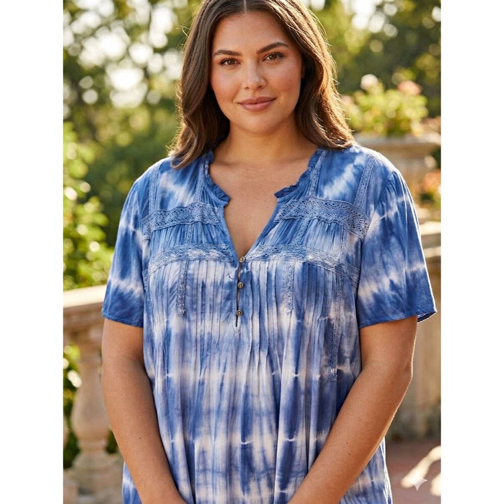 Knox Rose Women’s XXL Indigo Blue & White Tie-Dye Boho Peasant Blouse V-Neck